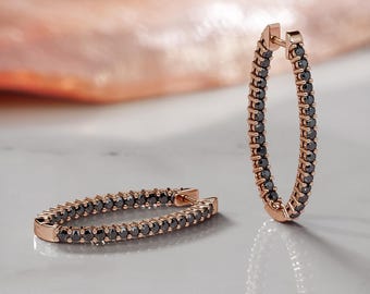 Black Diamond Hoop Earrings, Hoop Earrings, Black Earrings, Black Hoops, Natural Diamond Jewelry, 14k Rose Gold Earrings, Diamond Earrings