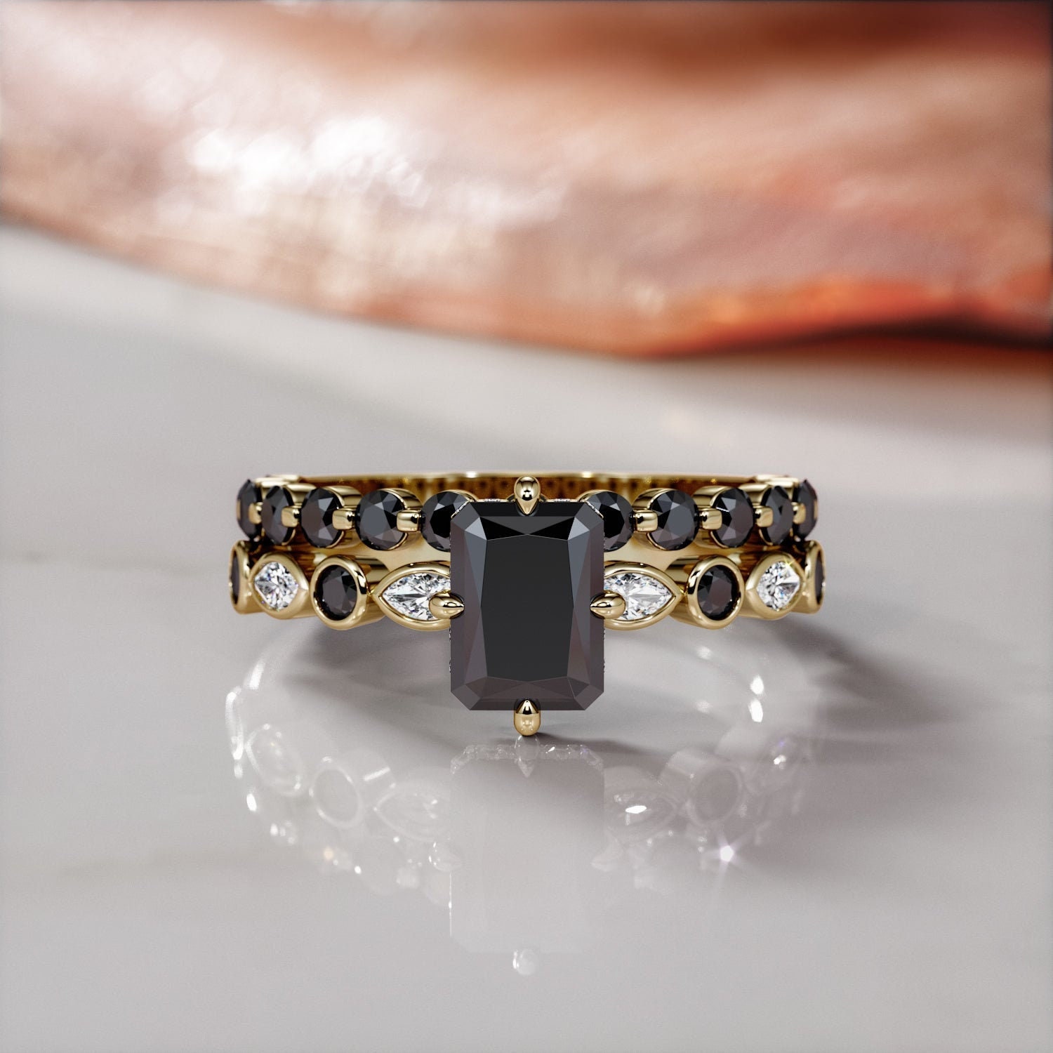 Black Emerald Set Black Diamond Ring Black Wedding Etsy