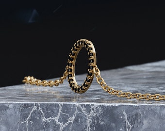 Black Diamond Necklace, Floating Black Circle Pandent, 14K Yellow Gold Necklace