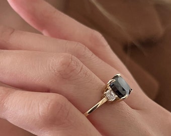 Black and White Engagement Ring, Black Diamond Jewelry, Black Engagement Ring, Rose Gold Black Diamond Ring, Cushion Black Diamond Ring