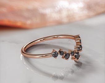 Art Deco Wedding Band, Black Diamond Ring, V Shaped Diamond Ring, Natural Black Diamond Jewelry, Designer Jewelry,14k Stackable Wedding Ring
