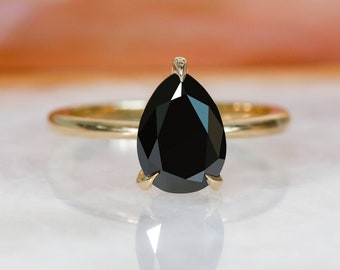 Black Teardrop Ring, Black Diamond Ring, Alternative Engagement Ring, Black Diamond Ring, Hidden Halo Diamond Ring, 14k Gold Solitaire Ring