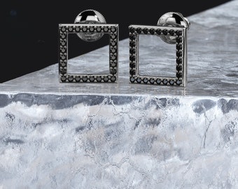 Black Diamond , Unique Square Earrings, 14K White Gold Earrings