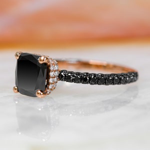 Three Sided Band Engagement Ring,  Black Diamond Squiare Diamond Ring, Rose Gold Ring, Cushion Black Diamond, Natural Black Diamond Jewelry