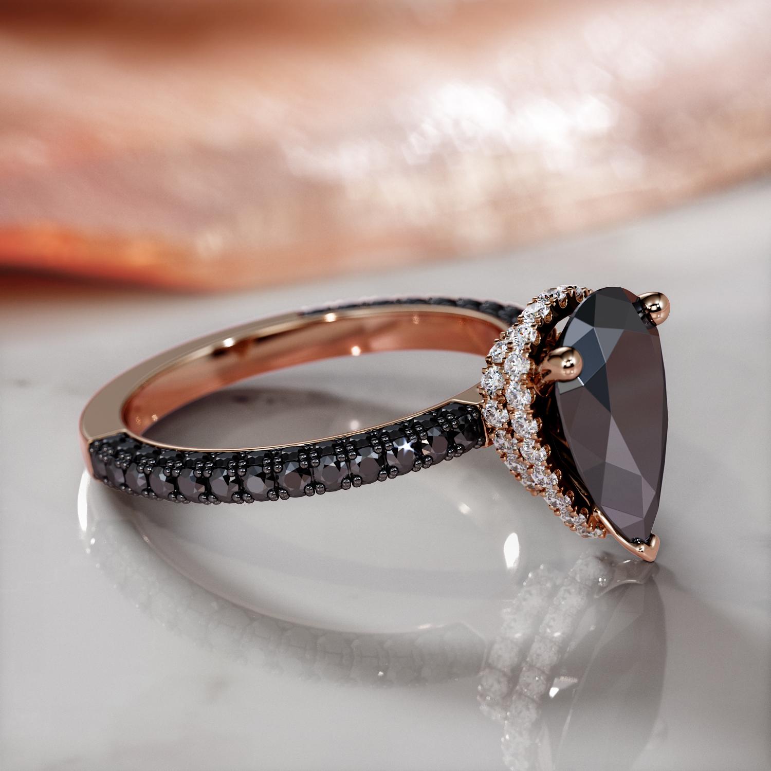 Pear Cut Black Diamond Ring, Black Diamond Jewelry, Black Diamond Ring, 14k Gold Halo Diamond Ring, Pear Diamond Ring, Teardrop Diamond Ring