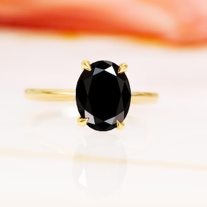 Solitaire Engagement Ring,  Black Diamond Art Deco Ring, Yellow Gold Ring, Oval Black Diamond, Natural Black Diamond Jewelry