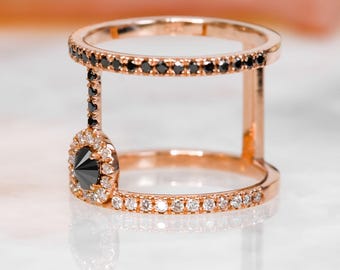 Unique Black Diamond Ring, Naural Black Diamond Jewelry, Black and White Diamond Ring, Black Wedding Ring, 14k Gold Black Diamond Band