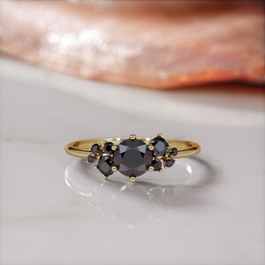 Black Alternative Engagement Ring, Black Diamond Cluster Ring, 14K Yellow Gold Ring,  Dainty Engagement Ring, Natural Black Diamond Jewelry