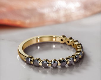 Half Eternity Black Ring, Black Diamond Jewelry, Black Diamond Ring, Round Cut Multi Diamond Ring, 14k Yellow Gold Diamond Ring,Wedding Band
