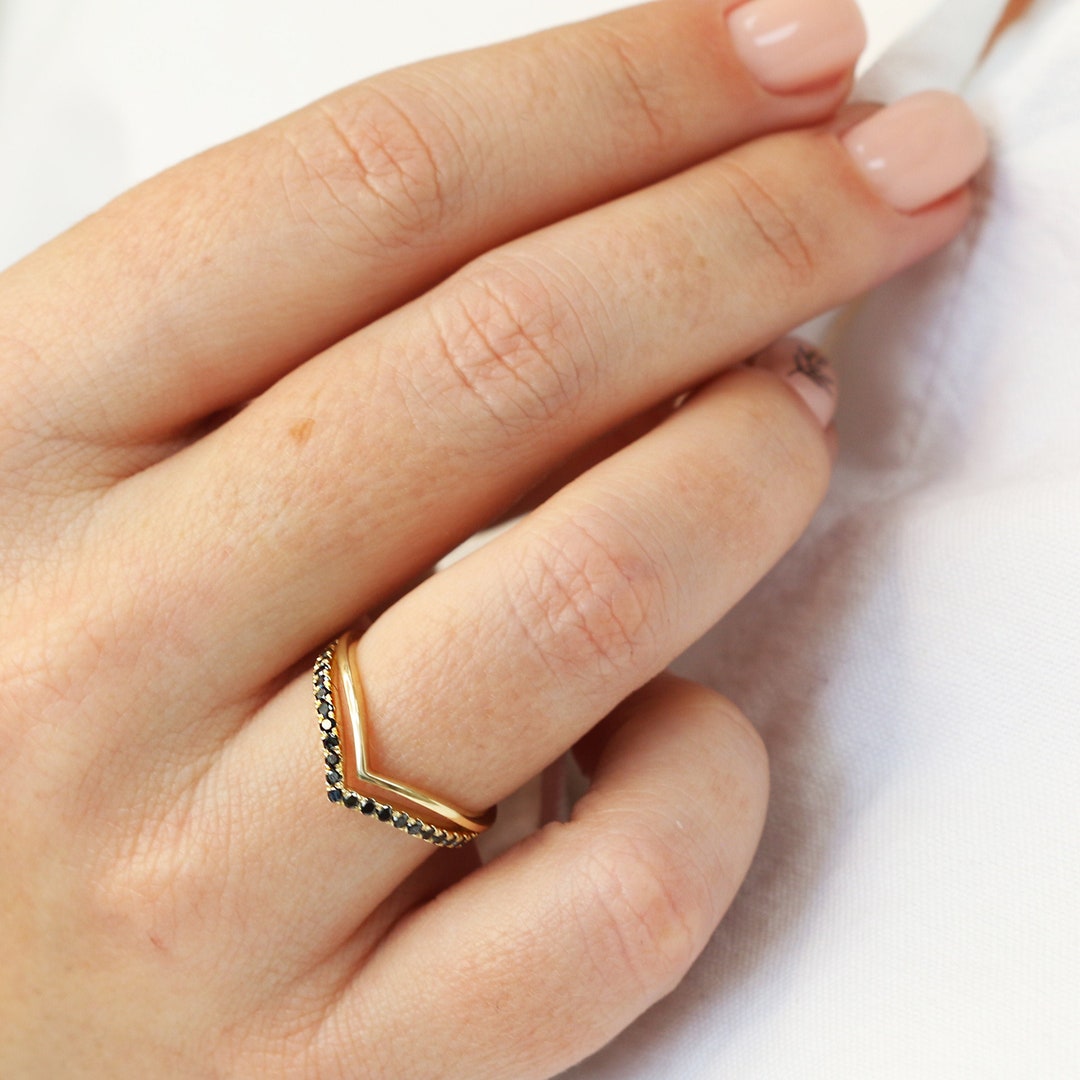 Unique Black Diamond Ring Chevron Black Diamond Wedding Band 14K Yellow Gold Band Double Chevron Gold Ring Etsy Canada