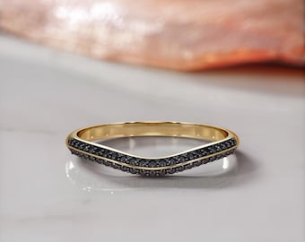 14k Black Diamond Band, Stackable Wedding Band, Desinger Jewelry, Natural Black Diamond Ring, Chevron Diamond Ring, Matching Diamond Band