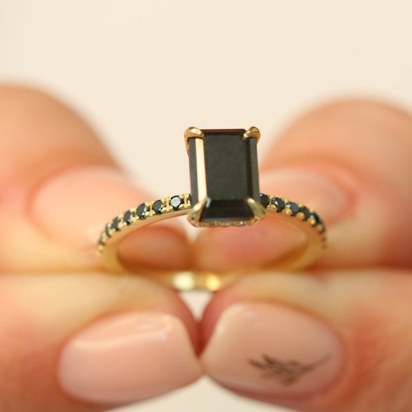 Alternative Engagement Ring, Emerald Cut Black Diamond Ring, Black Diamond Engagement Ring, Unique, Hidden Halo Ring, Solitaire WIth Accents