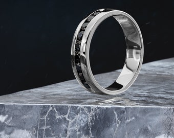 Black and White Channel Set Ring,  Unique Black Diamond Ring, White Gold Ring, Natural Black Diamond Jewelry