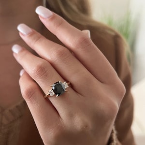 Black and White Engagement Ring,  Black Diamond  Ring, 14k Gold Ring, Cushion Black Diamond, Natural Black Diamond Jewelry, Black Engagement