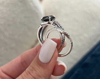 Diamond Engagement Ring Set, Black Diamond Jewelry, Black Diamond Ring and Chevron Wedding Band Set, 14k Gold Ring, Black White Diamond Ring