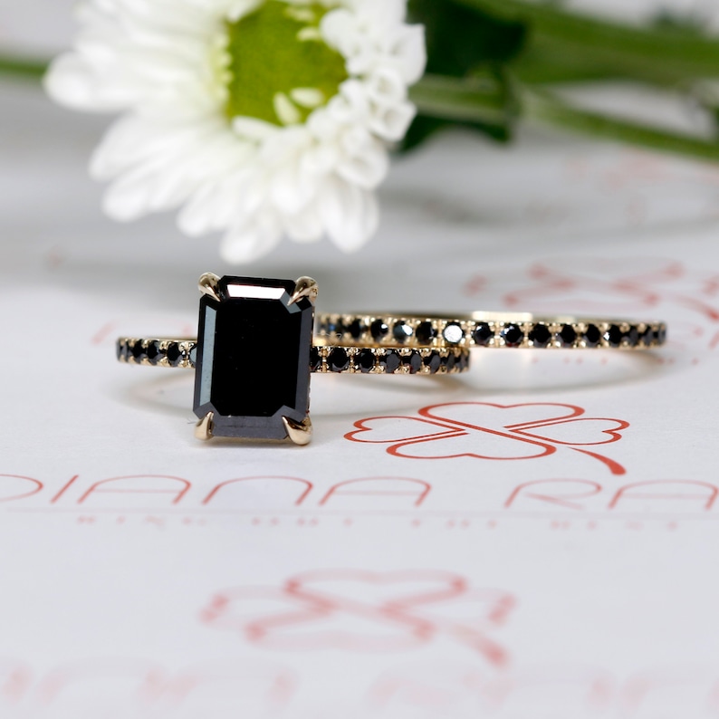 Emerald Cut Black Diamond Engagement Ring Alternative Etsy