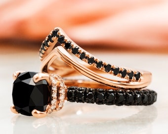 Unique Black Diamond Wedding Band, Chevron Black Diamond Wedding Ring, 14K Rose Gold Black Diamond Ring, Double Chevron Gold Wedding Ring