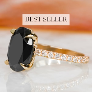 Black Diamond Ring, Black Diamond Jewelry, Black Diamond Engagement Ring, Natural Diamond Ring, 14k Black Oval Cut Diamond Ring,Hidden Halo