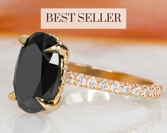 Black Diamond Ring, Black Diamond Jewelry, Black Diamond Engagement Ring, Natural Diamond Ring, 14k Black Oval Cut Diamond Ring,Hidden Halo