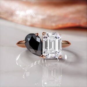 Toi et Moi Ring, Black & White Diamond Ring, Pear Cut Black Diamond, Black Diamond Jewelry, Two Stone 14k Gold Ring, 2 Stone Engagement Ring