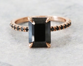 Black Emerald Cut Diamond Ring, Goth Diamond Gold Ring