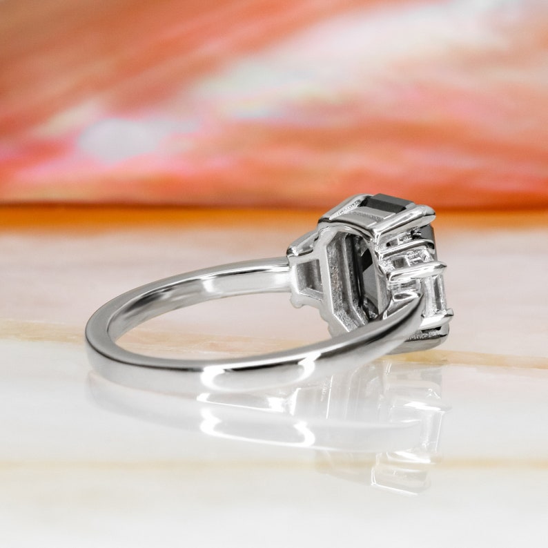 Black Emerald Cut Engagement Ring With Trapezoids Side Stones Etsy