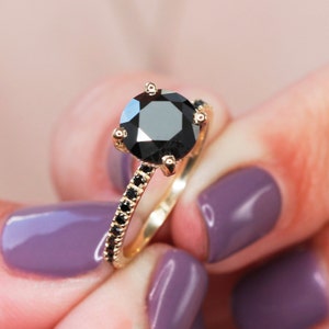 Black Diamond Engagement Ring, Black Round Diamond Ring, Yellow Gold Alternative Engagement Ring, Cocktail Black Diamond Ring, Hidden Halo