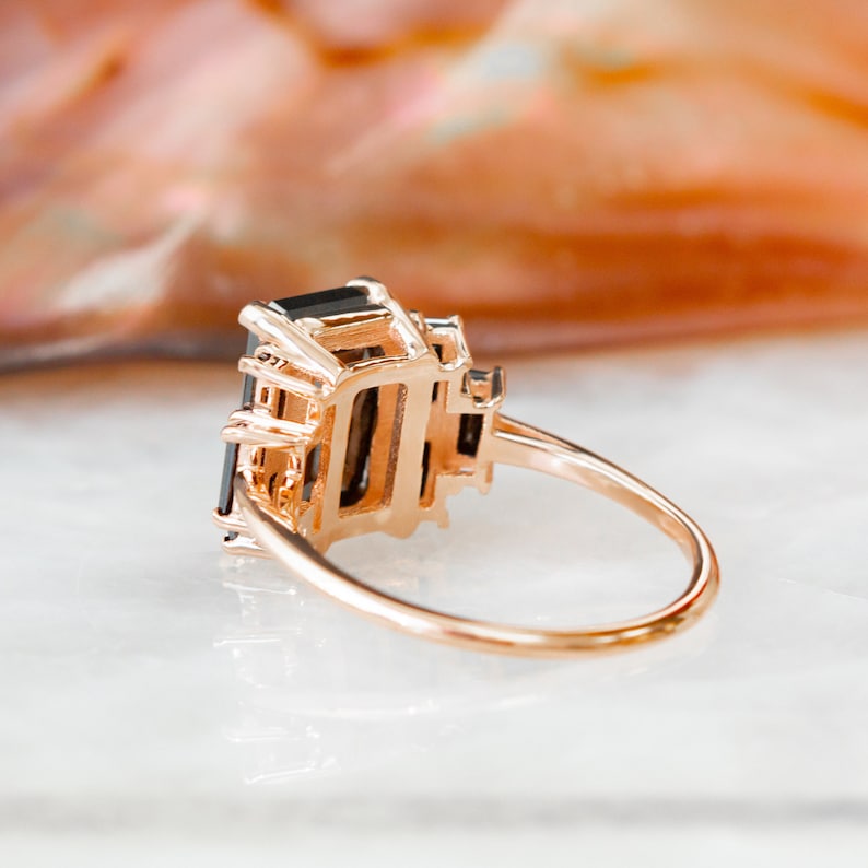 Unique Diamond Ring, Emerald Black Diamond Ring, Natural Diamond Ring, 14k Black Diamond Ring, Black DIamond Jewelry, Art Deco Diamond Ring image 5