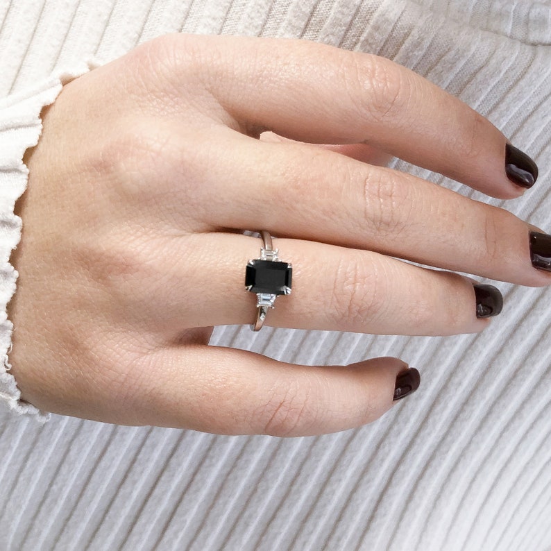 Black Emerald Cut Engagement Ring With Trapezoids Side Stones Etsy