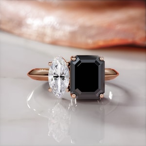 Toi et Moi Ring, Black Diamond Jewelry, Two Stone 14k Gold Ring, Black & White Diamond Ring, Emerald Black Diamond, 2 Stone Engagement Ring
