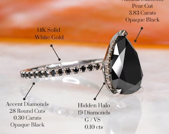 Pear Shaped Black Diamond Engagement Ring, 3 Carat Black Diamond Ring, Hidden Halo Ring, Black Teardrop Ring, Black Pear Cut Ring