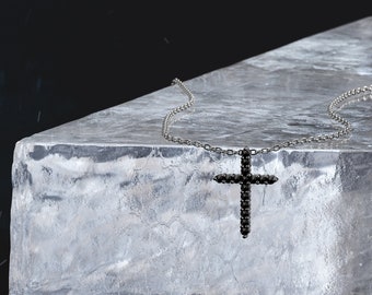 Black Diamond Cross Pendant , Unique Inverted Cross, 14K White Gold Necklace