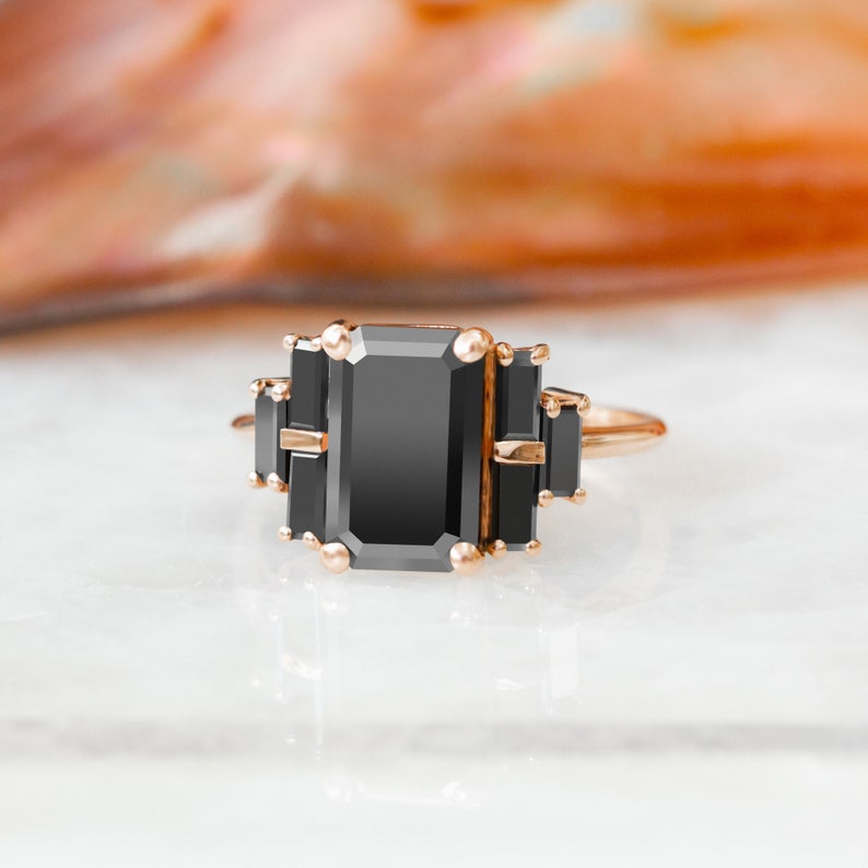 Unique Diamond Ring, Emerald Black Diamond Ring, Natural Diamond Ring, 14k Black Diamond Ring, Black DIamond Jewelry, Art Deco Diamond Ring image 4