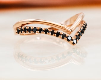 Unique Black Diamond Wedding Band, Double Chevron Gold Wedding Ring, Chevron Black Diamond Wedding Ring, 14K Rose Gold Black Diamond Ring
