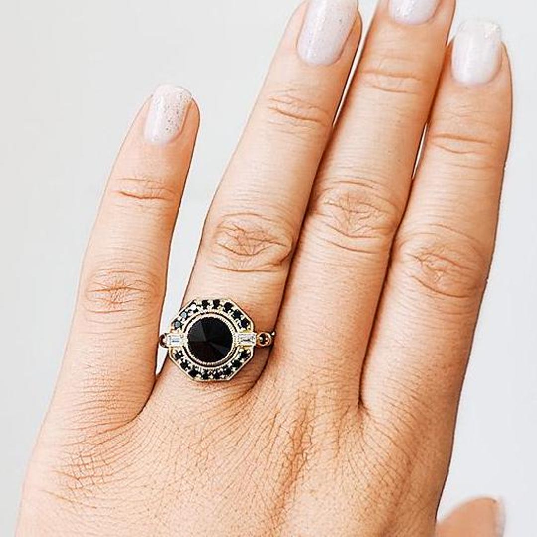 Engagement Rings Inverted Black Diamond Ring, Black Engagement Ring, 14k Gold Diamond Ring, Black ...