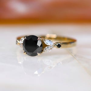 Alternative Engagement Ring,  Black Diamond Black And White Ring, Yellow Gold Ring, Round Black Diamond, Natural Black Diamond Jewelry