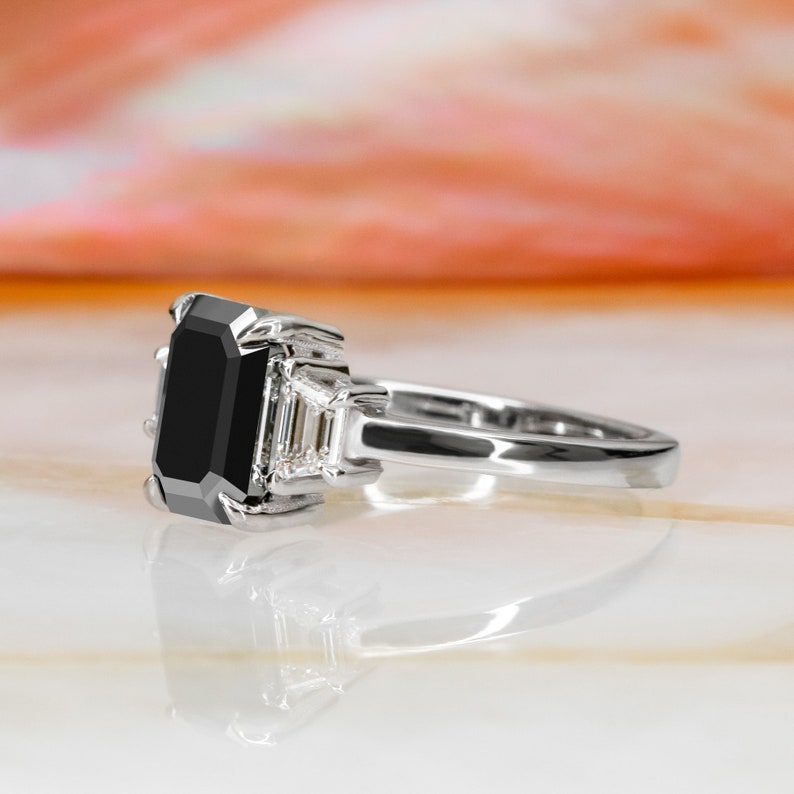 Black Emerald Cut Engagement Ring With Trapezoids Side Stones Etsy