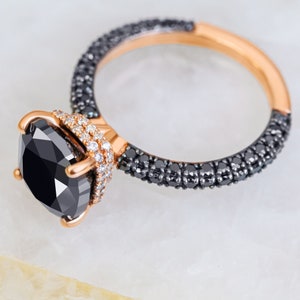 Engagement Diamond Ring, Black Diamond Jewelry, 6ct Diamond Ring, Natural Black Diamond Ring, Cushion Diamond Ring, Double Halo Diamond Ring image 3