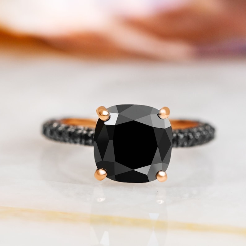 Engagement Diamond Ring, Black Diamond Jewelry, 6ct Diamond Ring, Natural Black Diamond Ring, Cushion Diamond Ring, Double Halo Diamond Ring image 6