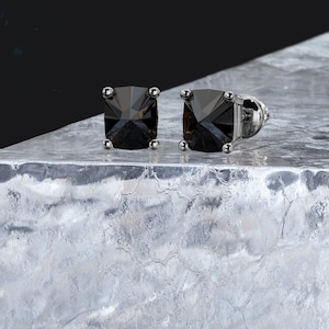 Black Diamond , Unique Square Diamonds Earrings, 14K White Gold Earrings