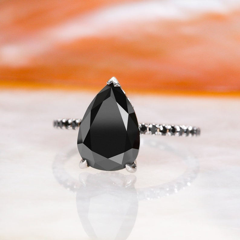 14K Black Diamond Ring, Black Diamond Jewelry, Black Teardrop Ring, Black Pear Cut Diamond Ring, Natural Diamond Ring,Solitaire Diamond Ring image 9