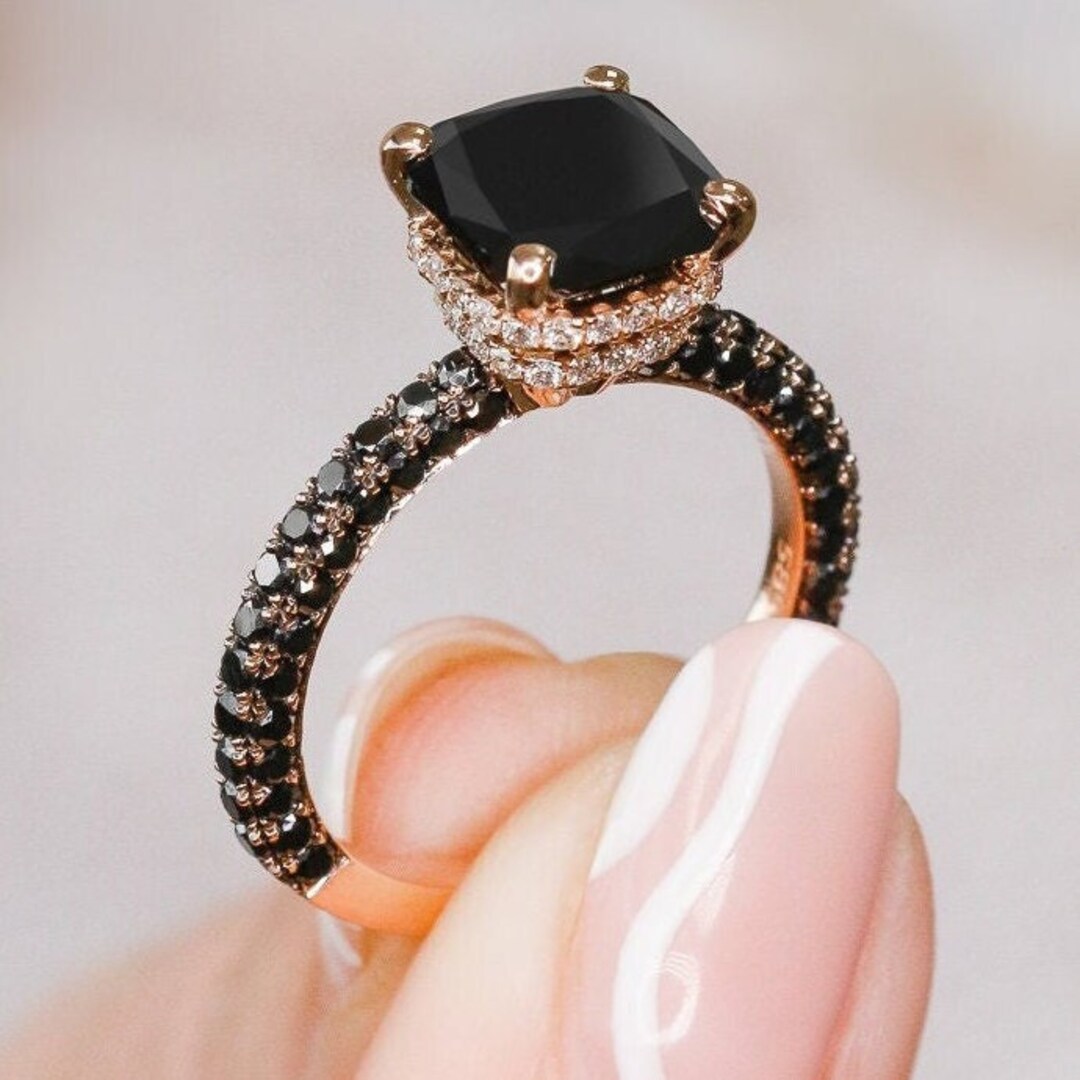 Black Engagement Ring, Square Black Natural Diamond, Three Sided Band Engagement Ring, Rose Gold