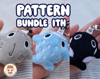 Embroidery Whales and Shark Pattern Bundle | Sea CreaturesPlush Keychain ITH Plushie Charm | Downloadable Digital File