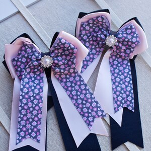Navy / Pink / Gray Floral Horse Show Bows, Horse Show Bows, Horse Show Hair Bows, Equestrian Bows, Equestrian Show Bows, Show Bows