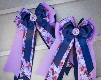 Purple and Navy Print Horse Show Hair Bows, Horse Show Bows, Equestrian Bows, Equestrian Show Bows, Horse Rider Competition Bows, Set of 2