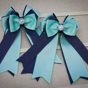 Pale Aqua and Navy Horse Show Hair Bows, Horse Show Bows, Equestrian Bows, Equestrian Show Bows, Equestrian Competition Bows, Show Bows