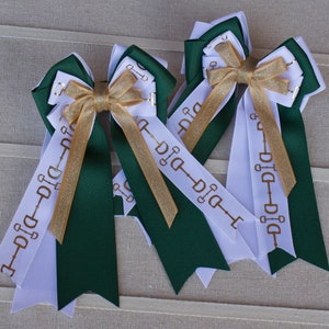 Forest Green, White and Gold Bit Horse Show Bows, Horse Show Hair Bows, Horse Show Bows, Equestrian Show Bows, Equestrian Bows, Show Bows