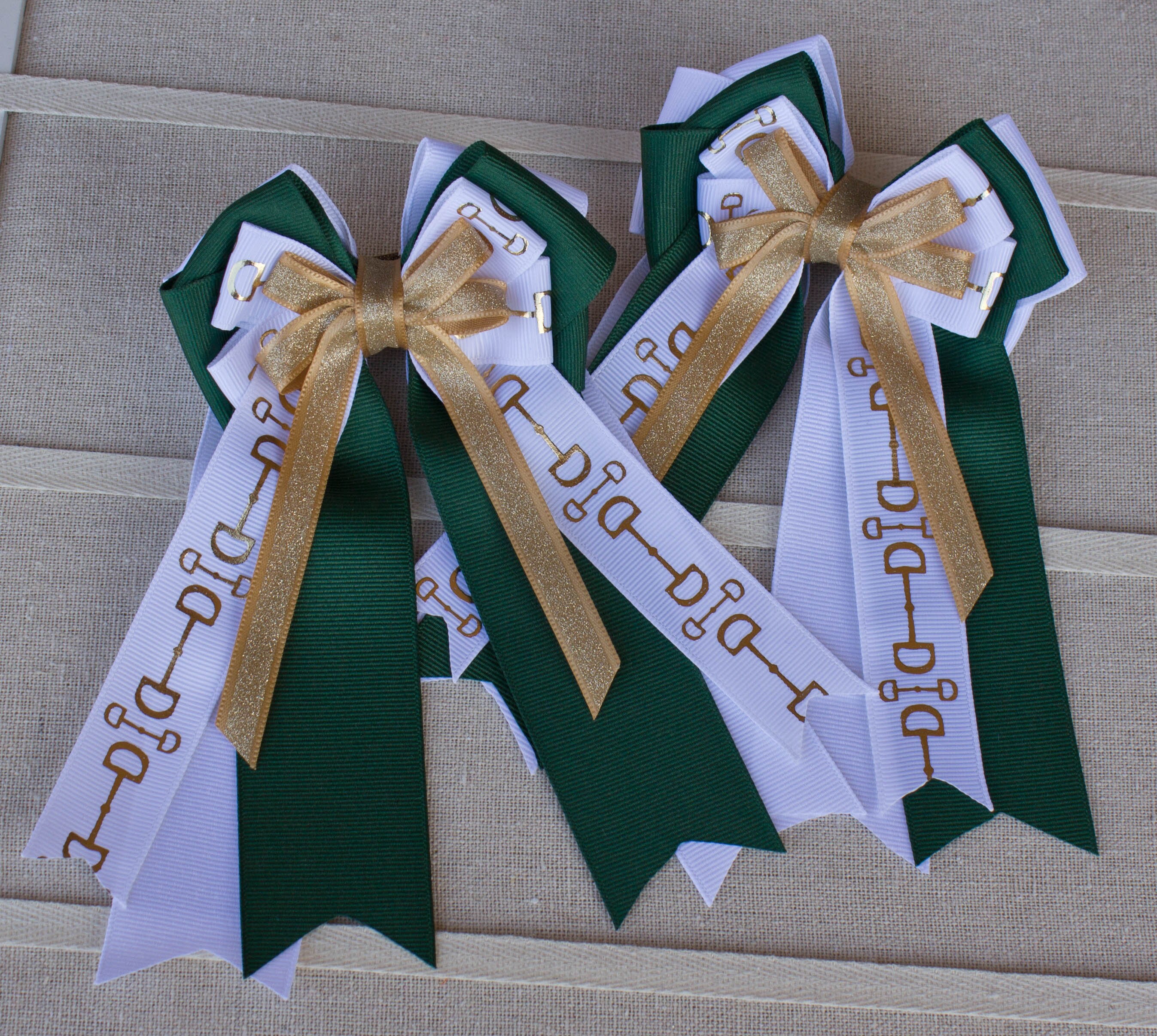 Forest Green, White and Gold Bit Horse Show Bows, Horse Show Hair Bows, Horse Show Bows, Equestrian Show Bows, Equestrian Bows, Show Bows
