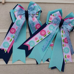 Navy/Aqua/Pink Floral Equestrian Bows, Equestrian Show Bows, Equestrian Hair Bows, Horse Show Bows, Horse Show Hair Bows, Short Stirrup Bows