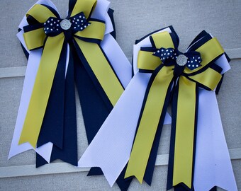 Navy, Yellow and White Horse Show Bows, Horse Show Hair Bows, Equestrian Bows, Equestrian Show Bows, Equestrian Hair Bows, Competition Bows